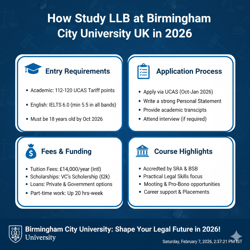 How to Study LLB at Birmingham City University UK in 2026.